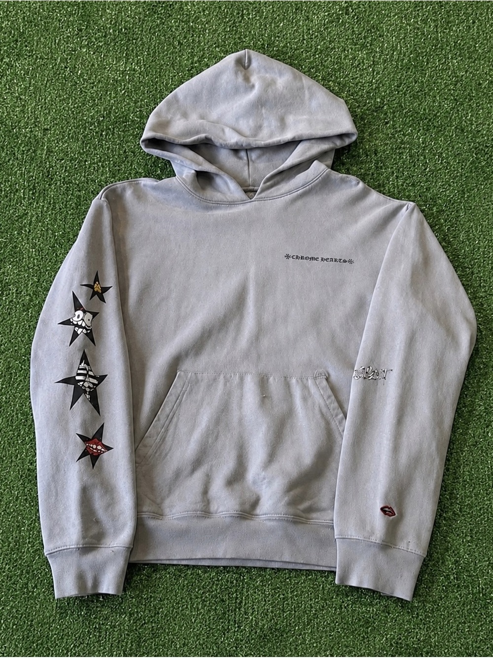 Chrome Hearts Light Gray Crewneck Hoodie with Star Sleeve Graphics